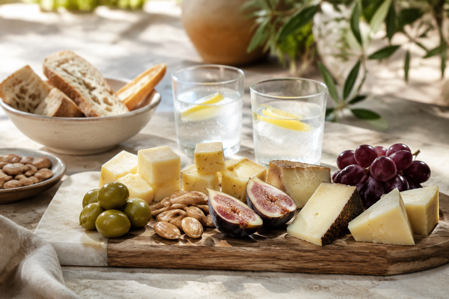 Aperitivo español de verano con queso, fruta, frutos secos, aceitunas y pan