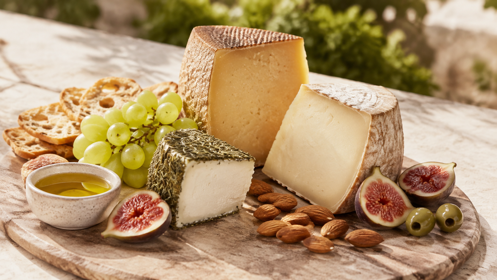 Tabla veraniega de quesos Spanish Cheese con fruta fresca, frutos secos, aceitunas y pan